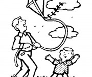 Coloriage P&egrave;re et son Petit font voler Cerf-volant