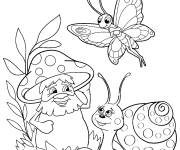 Coloriage Champignon, escargot et papillon