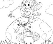 Coloriage F&eacute;e sur un champignon Kawaii