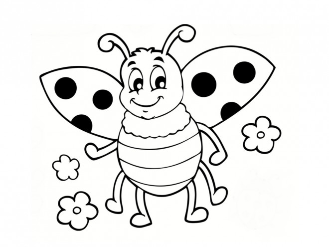 Coloriage Coccinelle souriante et fleurs dessin gratuit à imprimer