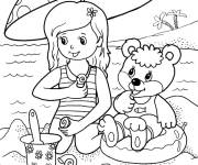 Coloriage Fille avec son nounours sur la plage pendant l'&eacute;t&eacute;