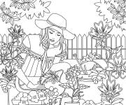 Coloriage Fille dans le jardin l'&eacute;t&eacute;