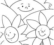 Coloriage Soleil d'&eacute;t&eacute; mignon avec deux fleurs
