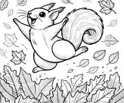 Coloriage &eacute;cureuil sautant dans les feuilles d'automne