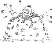 Coloriage Enfant qui joue dans un tas de feuilles d'automne