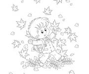 Coloriage Enfants entour&eacute; par les feuilles d'automne