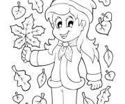 Coloriage Fille s'amuse avec les feuilles de l'automne