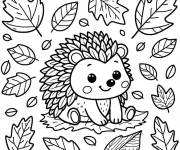 Coloriage H&eacute;risson parmi les feuilles d'automne