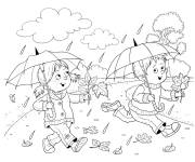 Coloriage Les enfants ramassent les feuilles de l'automne sous la pluie