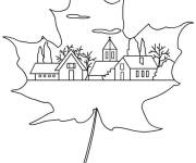 Coloriage et dessins gratuit Reflet des maisons dans une feuille d'automne à imprimer