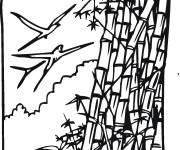 Coloriage Bambou et oiseaux dans la foret tropicale