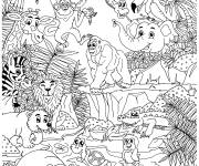 Coloriage De nombreux animaux de la foret tropicale