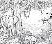 Coloriage Des &eacute;l&eacute;phants et le Toucan dans la foret