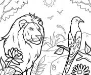 Coloriage Lion avec des oiseaux dans la foret