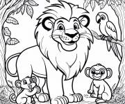 Coloriage Lion, singe et perroquet dans la foret tropicale
