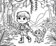 Coloriage Petit explorateur dans la foret tropicale avec le singe