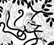 Coloriage Singes et perroquets dans la foret tropicale