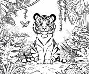 Coloriage Tigre mignon dans la foret tropicale