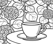 Coloriage C'est le temps de boire du caf&eacute; autour des Hortensias