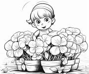 Coloriage Enfant parmi les pots de Hortensia