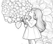 Coloriage Fille avec un gros bouquet de Hortensia