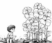 Coloriage Garcon devant des g&eacute;antes Hortensia