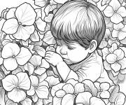 Coloriage Garcon dort dans le champ de Hortensia