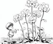Coloriage Garcon s'amuse devant la Hortensia