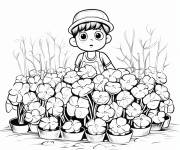 Coloriage Petit enfant surpris parmi la Hortensia