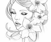 Coloriage Belle femme avec des fleurs jonquilles dans les cheveux