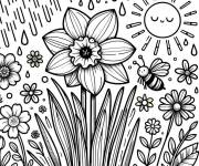 Coloriage Jonquille sous la pluie