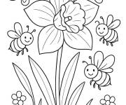 Coloriage Papillons et abeilles au tour du fleur jonquille