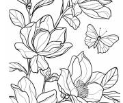 Coloriage Papillon survole la fleur Magnolia