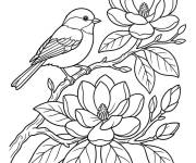 Coloriage Paysage de Magnolia et du oiseau