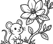 Coloriage Souris mignonne devant le Magnolia