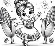 Coloriage Fille dansant autour de Ma&iuml;s