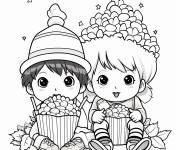 Coloriage Les enfants s'amusent en mangeant le Popcorn