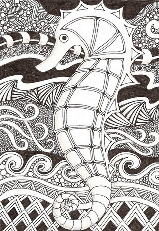 Coloriage Hippocampe Mandala En Noir Dessin Gratuit A Imprimer