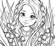 Coloriage Belle fille assisse parmi les fleur muguet au printemps