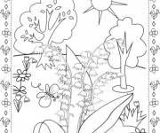 Coloriage Le printemps, le muguet fleuri autour de la nature