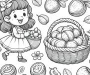 Coloriage Fille mignonne tenant un panier de Noix
