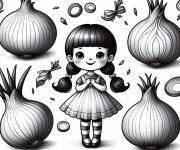Coloriage Fille entour&eacute; par quatre Oignons