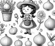 Coloriage Fille tenant un panier d'Oignons