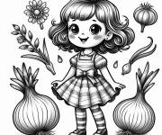 Coloriage Illustration d'une fille, Oignons  et des fleurs
