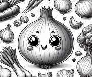 Coloriage Oignon kawaii sur la table avec les l&eacute;gumes