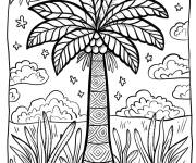 Coloriage Arbre palmier avec des nuages en fond