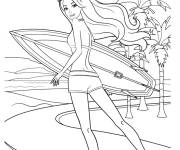 Coloriage Barbie sur la plage avec des palmiers