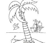 Coloriage Bateau trouve un ile avec un Palmier