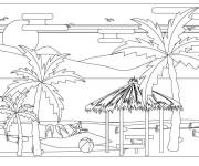 Coloriage Camp sur la plage avec des palmiers
