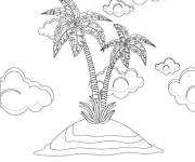 Coloriage Des nuages sur un ile tropical isol&eacute; avec des palmiers